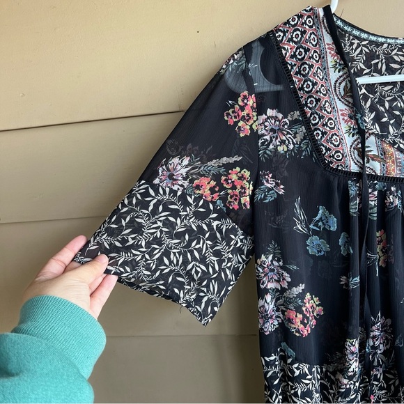 Knox Rose Black Boho Floral Print Sheer Blouse - Women's Size Small - Picture 5 of 5